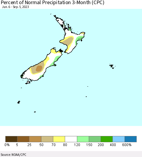 New Zealand Percent of Normal Precipitation 3-Month (CPC) Thematic Map For 6/6/2023 - 9/5/2023