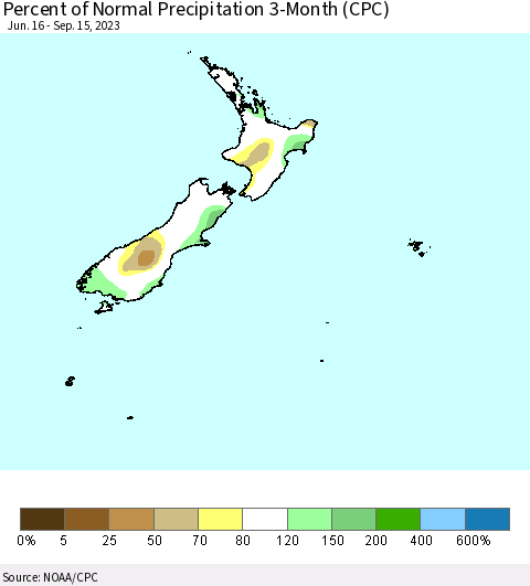 New Zealand Percent of Normal Precipitation 3-Month (CPC) Thematic Map For 6/16/2023 - 9/15/2023