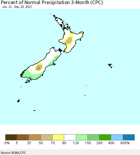 New Zealand Percent of Normal Precipitation 3-Month (CPC) Thematic Map For 6/21/2023 - 9/20/2023