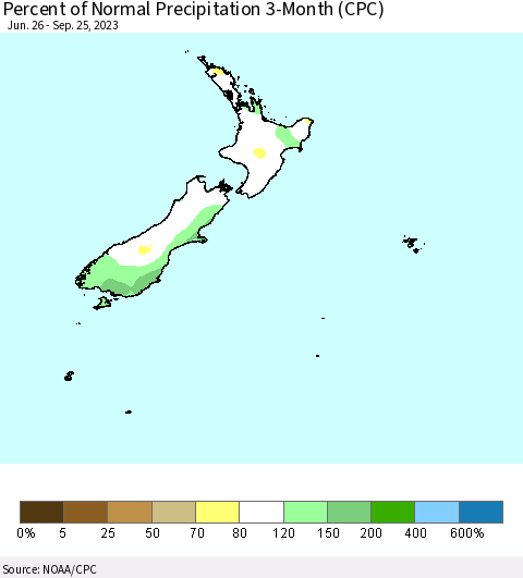 New Zealand Percent of Normal Precipitation 3-Month (CPC) Thematic Map For 6/26/2023 - 9/25/2023