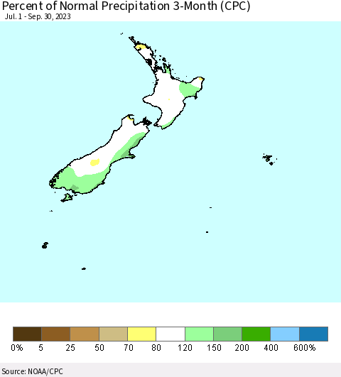 New Zealand Percent of Normal Precipitation 3-Month (CPC) Thematic Map For 7/1/2023 - 9/30/2023