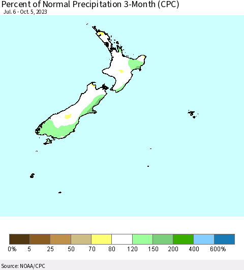 New Zealand Percent of Normal Precipitation 3-Month (CPC) Thematic Map For 7/6/2023 - 10/5/2023