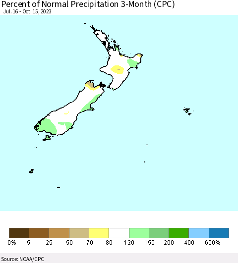 New Zealand Percent of Normal Precipitation 3-Month (CPC) Thematic Map For 7/16/2023 - 10/15/2023
