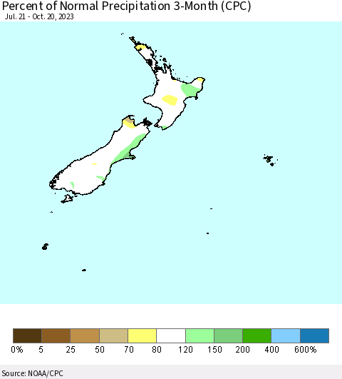 New Zealand Percent of Normal Precipitation 3-Month (CPC) Thematic Map For 7/21/2023 - 10/20/2023