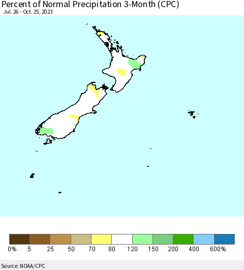 New Zealand Percent of Normal Precipitation 3-Month (CPC) Thematic Map For 7/26/2023 - 10/25/2023