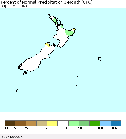 New Zealand Percent of Normal Precipitation 3-Month (CPC) Thematic Map For 8/1/2023 - 10/31/2023