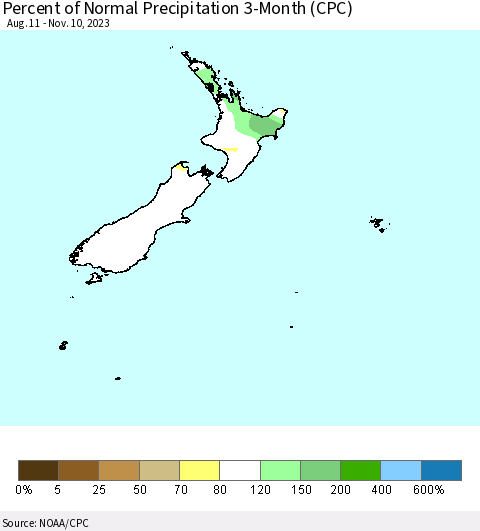 New Zealand Percent of Normal Precipitation 3-Month (CPC) Thematic Map For 8/11/2023 - 11/10/2023