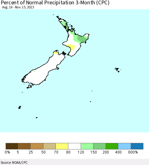 New Zealand Percent of Normal Precipitation 3-Month (CPC) Thematic Map For 8/16/2023 - 11/15/2023