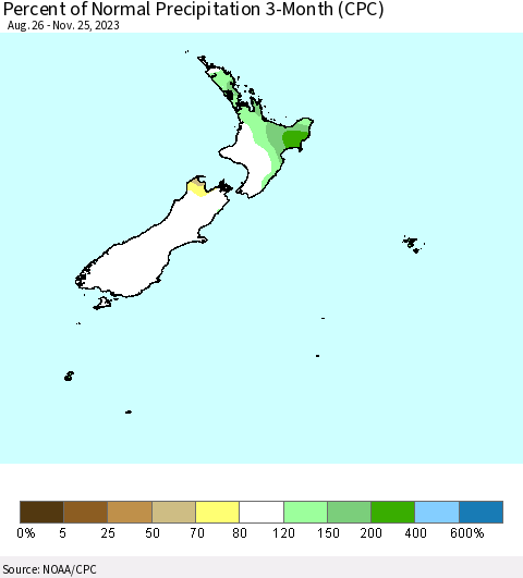 New Zealand Percent of Normal Precipitation 3-Month (CPC) Thematic Map For 8/26/2023 - 11/25/2023