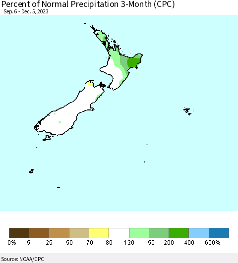 New Zealand Percent of Normal Precipitation 3-Month (CPC) Thematic Map For 9/6/2023 - 12/5/2023