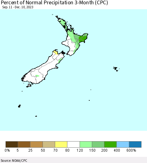 New Zealand Percent of Normal Precipitation 3-Month (CPC) Thematic Map For 9/11/2023 - 12/10/2023