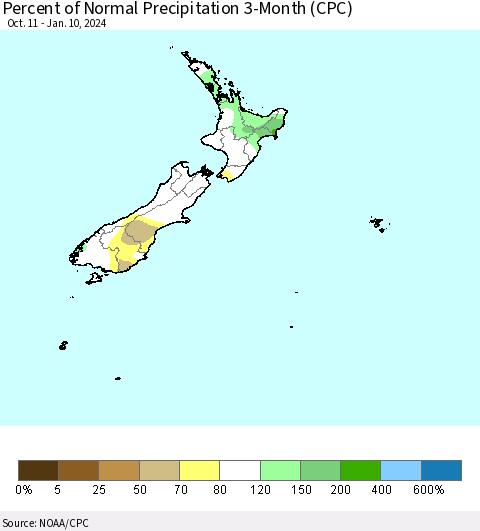 New Zealand Percent of Normal Precipitation 3-Month (CPC) Thematic Map For 10/11/2023 - 1/10/2024