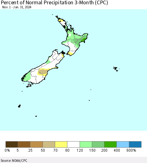 New Zealand Percent of Normal Precipitation 3-Month (CPC) Thematic Map For 11/1/2023 - 1/31/2024