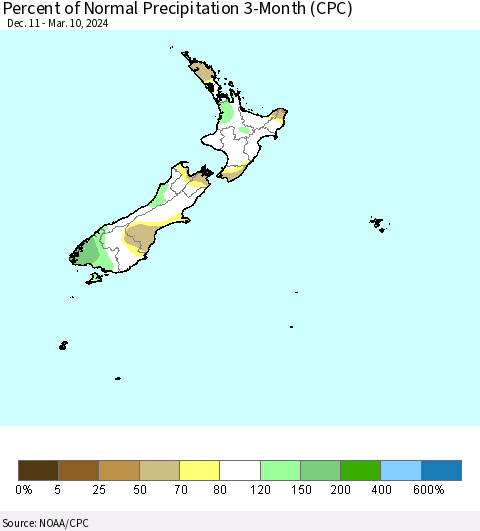 New Zealand Percent of Normal Precipitation 3-Month (CPC) Thematic Map For 12/11/2023 - 3/10/2024