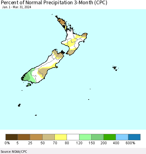 New Zealand Percent of Normal Precipitation 3-Month (CPC) Thematic Map For 1/1/2024 - 3/31/2024