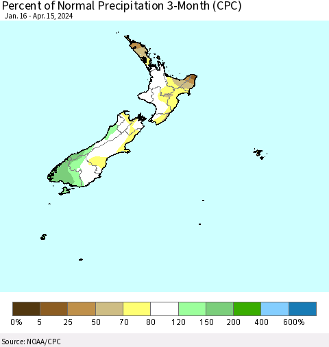 New Zealand Percent of Normal Precipitation 3-Month (CPC) Thematic Map For 1/16/2024 - 4/15/2024