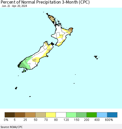 New Zealand Percent of Normal Precipitation 3-Month (CPC) Thematic Map For 1/21/2024 - 4/20/2024