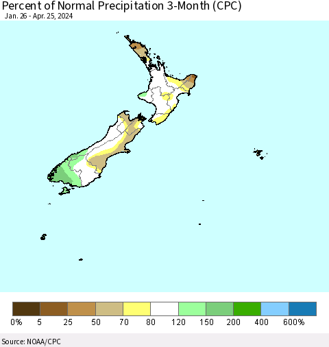 New Zealand Percent of Normal Precipitation 3-Month (CPC) Thematic Map For 1/26/2024 - 4/25/2024