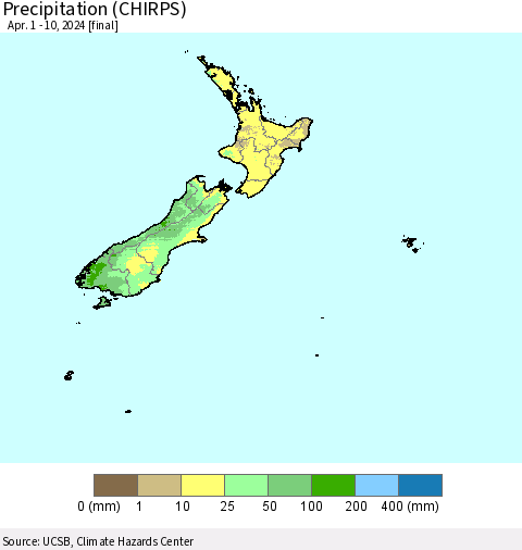 New Zealand Precipitation (CHIRPS) Thematic Map For 4/1/2024 - 4/10/2024