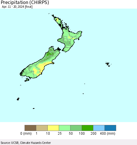 New Zealand Precipitation (CHIRPS) Thematic Map For 4/11/2024 - 4/20/2024