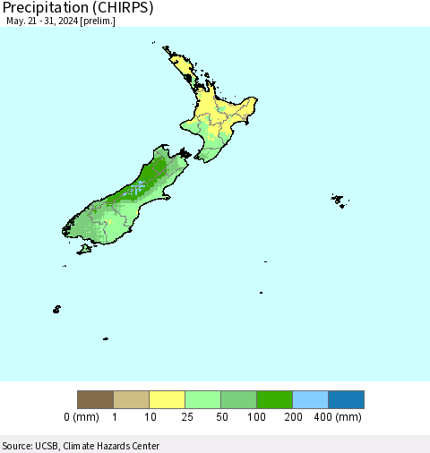 New Zealand Precipitation (CHIRPS) Thematic Map For 5/21/2024 - 5/31/2024