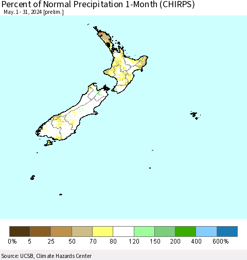 New Zealand Percent of Normal Precipitation 1-Month (CHIRPS) Thematic Map For 5/1/2024 - 5/31/2024