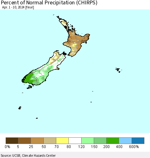 New Zealand Percent of Normal Precipitation (CHIRPS) Thematic Map For 4/1/2024 - 4/10/2024