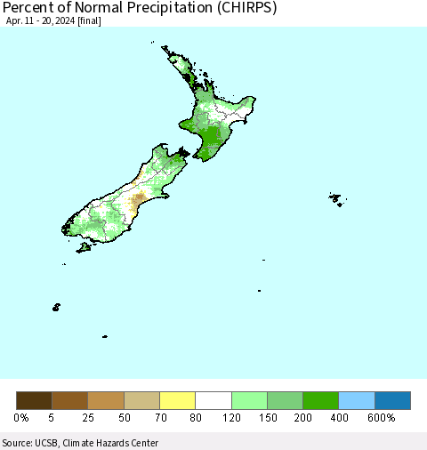New Zealand Percent of Normal Precipitation (CHIRPS) Thematic Map For 4/11/2024 - 4/20/2024