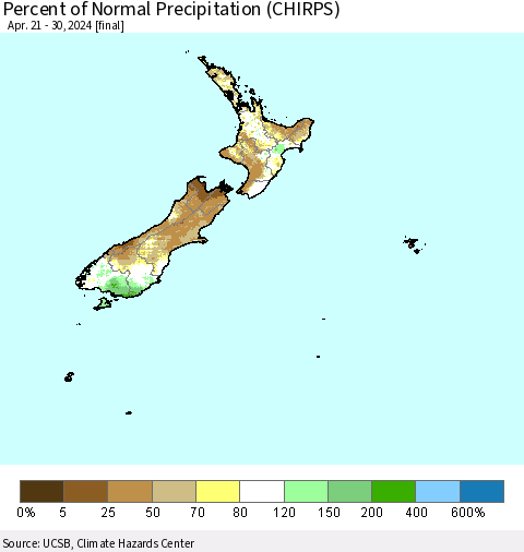 New Zealand Percent of Normal Precipitation (CHIRPS) Thematic Map For 4/21/2024 - 4/30/2024