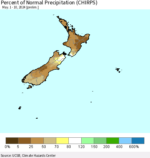 New Zealand Percent of Normal Precipitation (CHIRPS) Thematic Map For 5/1/2024 - 5/10/2024
