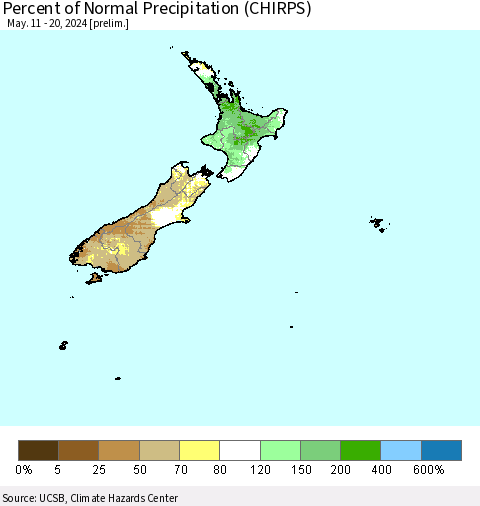 New Zealand Percent of Normal Precipitation (CHIRPS) Thematic Map For 5/11/2024 - 5/20/2024