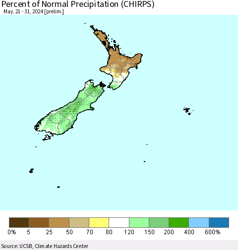 New Zealand Percent of Normal Precipitation (CHIRPS) Thematic Map For 5/21/2024 - 5/31/2024