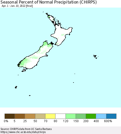 New Zealand Seasonal Percent of Normal Precipitation (CHIRPS) Thematic Map For 4/1/2021 - 1/10/2022