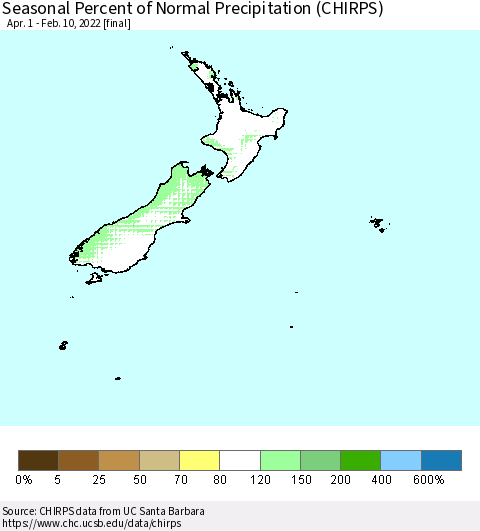 New Zealand Seasonal Percent of Normal Precipitation (CHIRPS) Thematic Map For 4/1/2021 - 2/10/2022