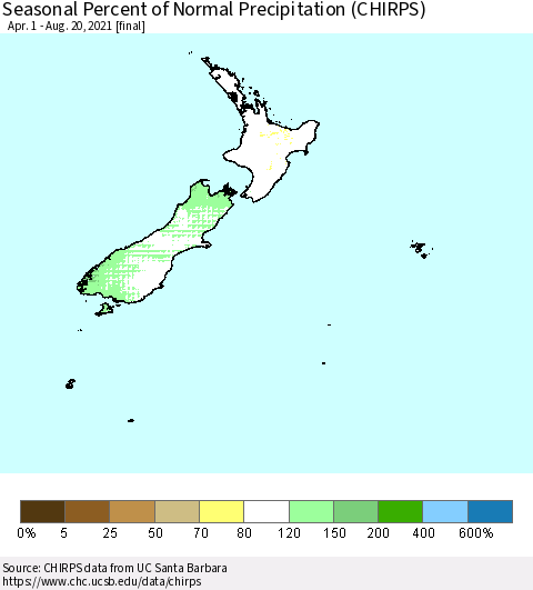 New Zealand Seasonal Percent of Normal Precipitation (CHIRPS) Thematic Map For 4/1/2021 - 8/20/2021