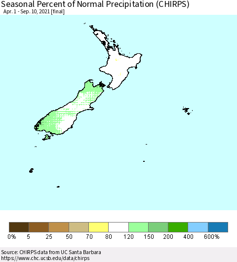 New Zealand Seasonal Percent of Normal Precipitation (CHIRPS) Thematic Map For 4/1/2021 - 9/10/2021