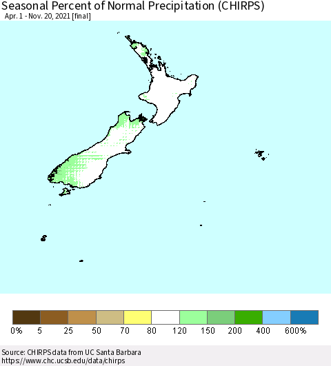 New Zealand Seasonal Percent of Normal Precipitation (CHIRPS) Thematic Map For 4/1/2021 - 11/20/2021