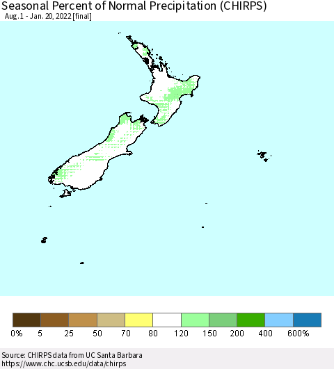 New Zealand Seasonal Percent of Normal Precipitation (CHIRPS) Thematic Map For 8/1/2021 - 1/20/2022