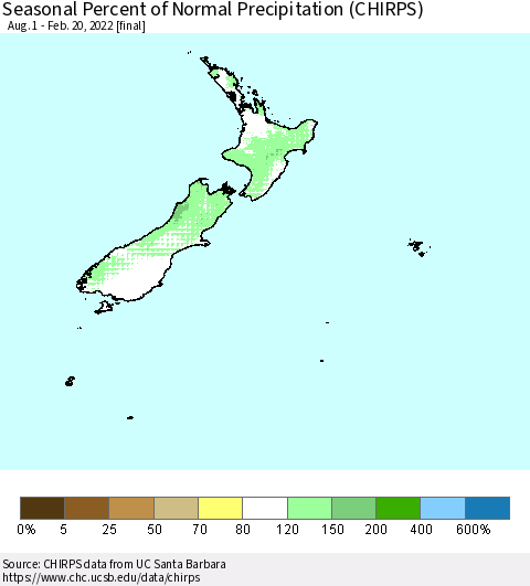 New Zealand Seasonal Percent of Normal Precipitation (CHIRPS) Thematic Map For 8/1/2021 - 2/20/2022