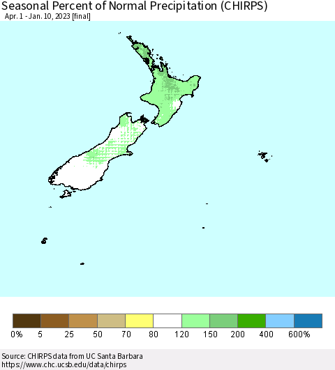 New Zealand Seasonal Percent of Normal Precipitation (CHIRPS) Thematic Map For 4/1/2022 - 1/10/2023