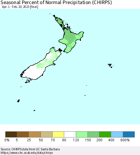 New Zealand Seasonal Percent of Normal Precipitation (CHIRPS) Thematic Map For 4/1/2022 - 2/20/2023
