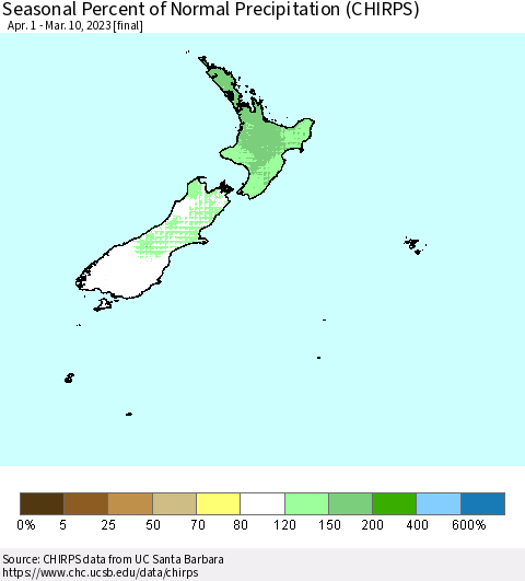 New Zealand Seasonal Percent of Normal Precipitation (CHIRPS) Thematic Map For 4/1/2022 - 3/10/2023
