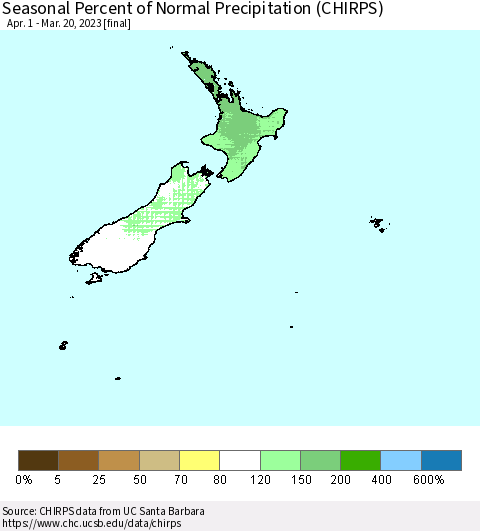 New Zealand Seasonal Percent of Normal Precipitation (CHIRPS) Thematic Map For 4/1/2022 - 3/20/2023