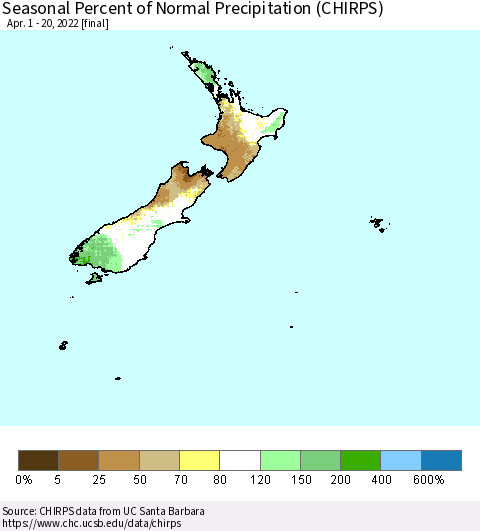 New Zealand Seasonal Percent of Normal Precipitation (CHIRPS) Thematic Map For 4/1/2022 - 4/20/2022
