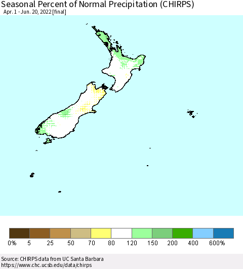 New Zealand Seasonal Percent of Normal Precipitation (CHIRPS) Thematic Map For 4/1/2022 - 6/20/2022