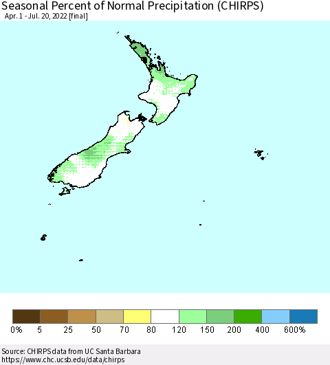 New Zealand Seasonal Percent of Normal Precipitation (CHIRPS) Thematic Map For 4/1/2022 - 7/20/2022