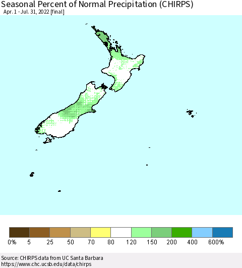 New Zealand Seasonal Percent of Normal Precipitation (CHIRPS) Thematic Map For 4/1/2022 - 7/31/2022