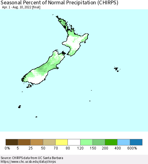 New Zealand Seasonal Percent of Normal Precipitation (CHIRPS) Thematic Map For 4/1/2022 - 8/10/2022