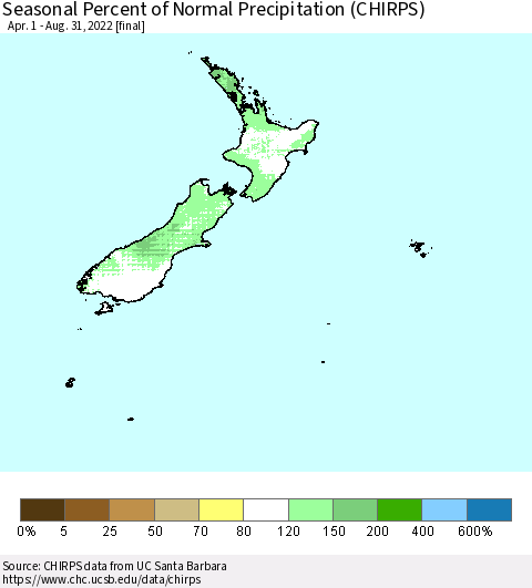 New Zealand Seasonal Percent of Normal Precipitation (CHIRPS) Thematic Map For 4/1/2022 - 8/31/2022
