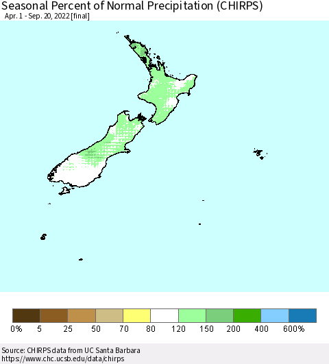 New Zealand Seasonal Percent of Normal Precipitation (CHIRPS) Thematic Map For 4/1/2022 - 9/20/2022
